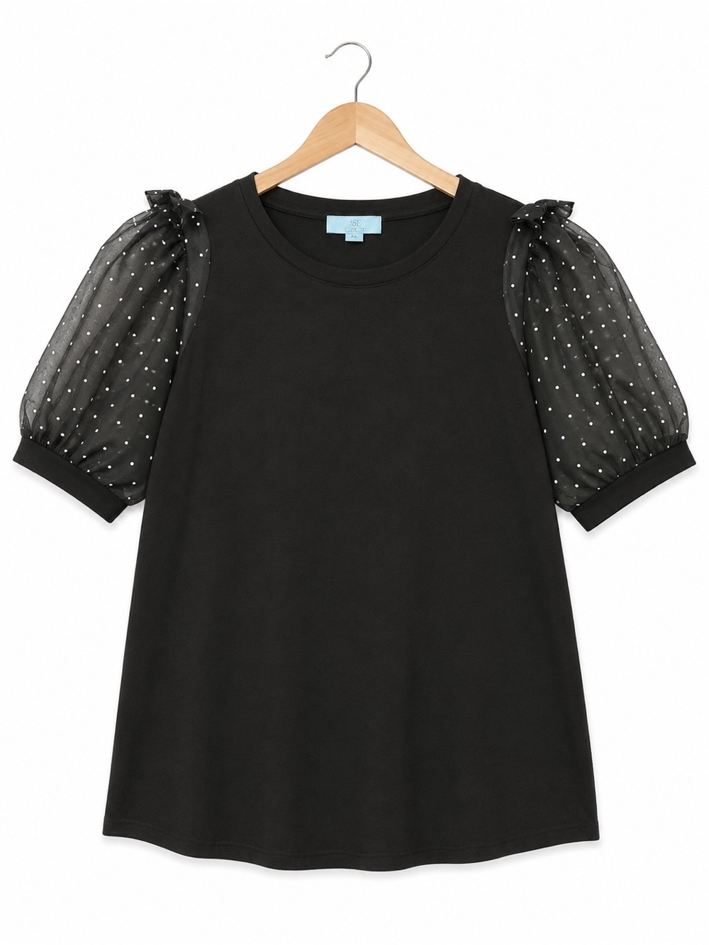 CeCe Black Top with Sheer Polka Dot Puff Sleeves – XL